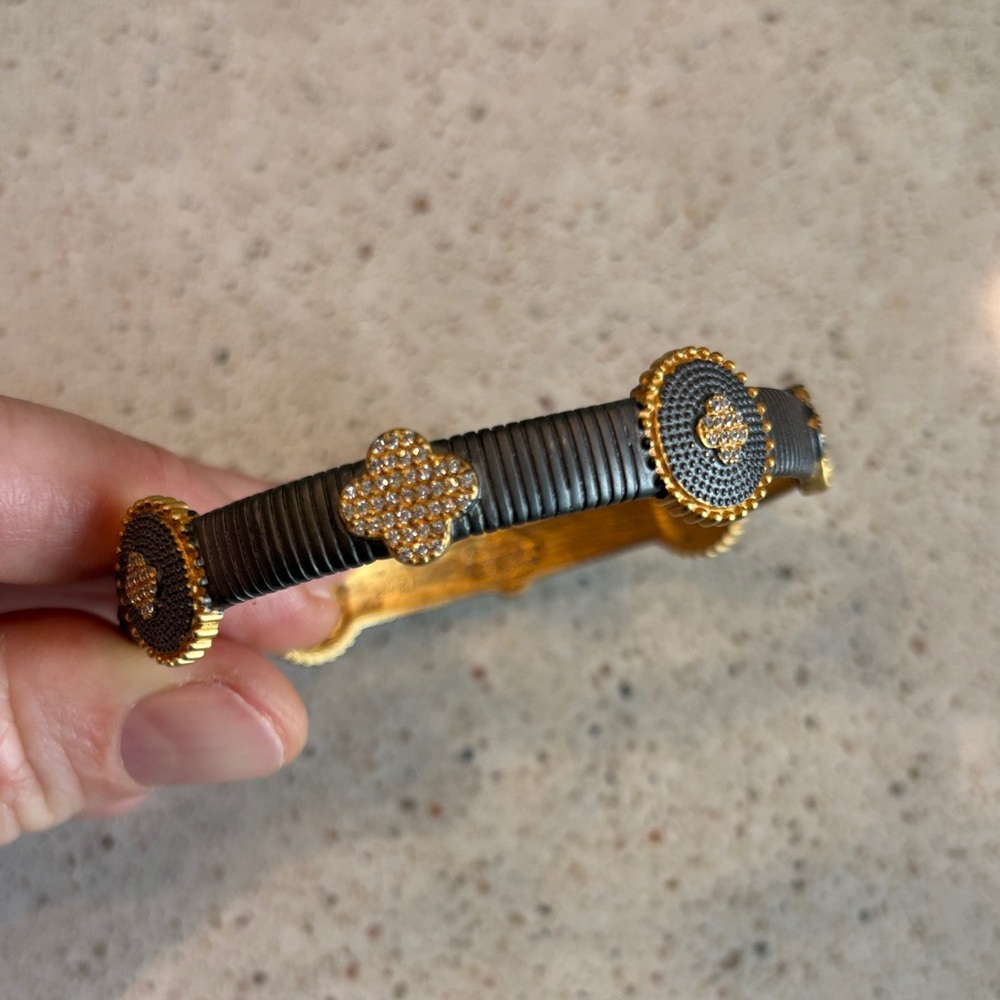 Gold Black Pave Clover Accent Bangle Freida Rothman 925 sterling silver industr
